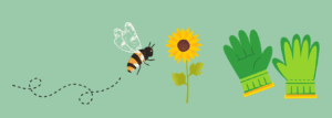 une abeille, un tournesol et des gans de jardinage