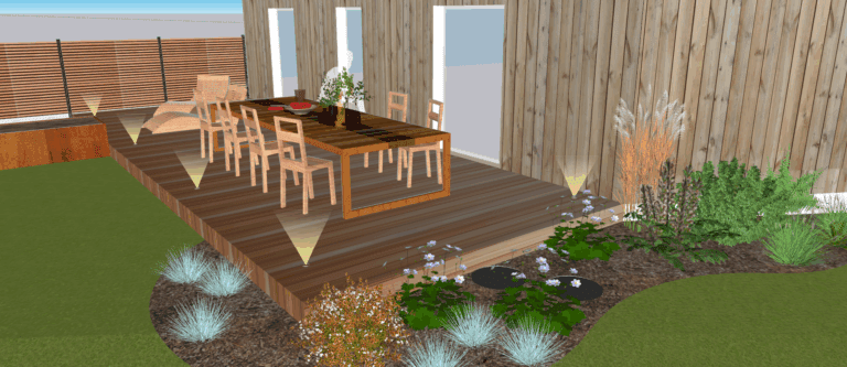 Terrasse bois avec spot encastré pour lumière d'appoint douce + massif décoratif avec pas japonais rond