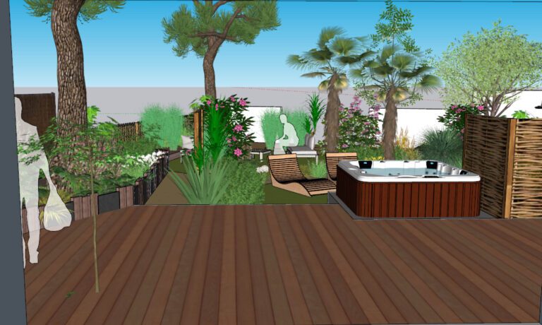 plan de conception d'une projet avec massif paysager et spa