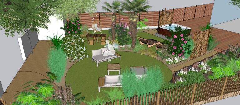 plan de conception d'une projet avec massif paysager et spa