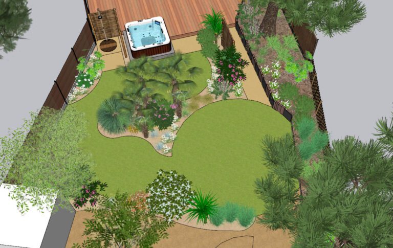 plan de conception d'une projet avec massif paysager et spa