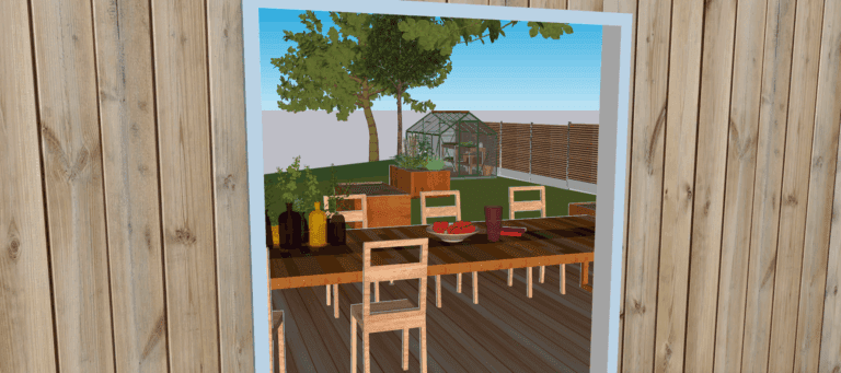 Projet jardin potager, vue 3D depuis la baie vitré de la maison