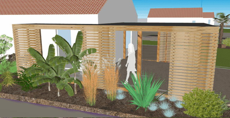 visuel 3D du carport en bois sur-mesure + massif paysager