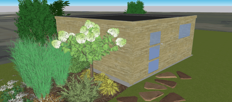 Projet, visuel 3D abri de jardin en bois dans un cadre champêtre