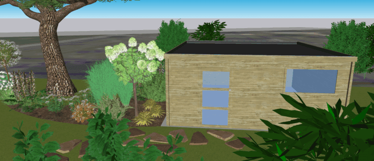 Projet, visuel 3D abri de jardin en bois dans un cadre champêtre