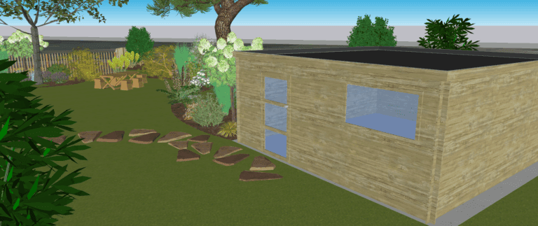 Projet, visuel 3D abri de jardin en bois dans un cadre champêtre