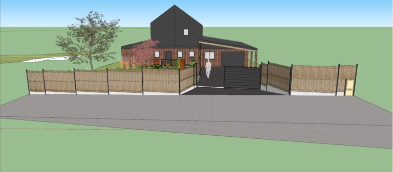 visuel 3D projet complet avec clôture panneau rigide + option lames bois