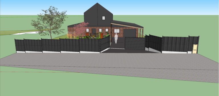 visuel 3D projet complet avec clôture panneau rigide + option lames pvc