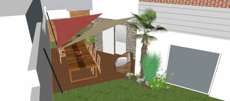 Projet 3D double voile ombrage et terrasse bois