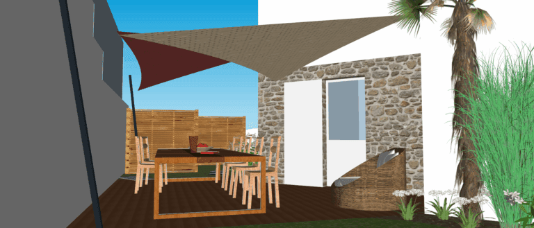 Projet 3D double voile ombrage et terrasse bois