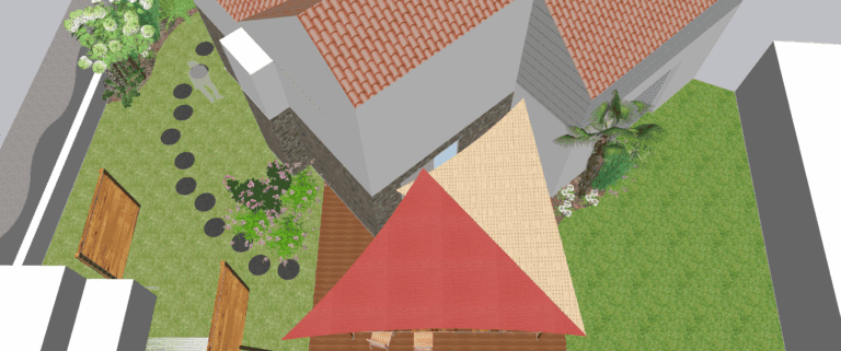 Projet 3D double voile ombrage couleur brique et beige en harmonie avec la maison