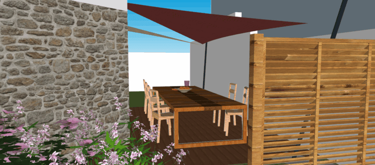 Projet 3D double voile ombrage et terrasse bois