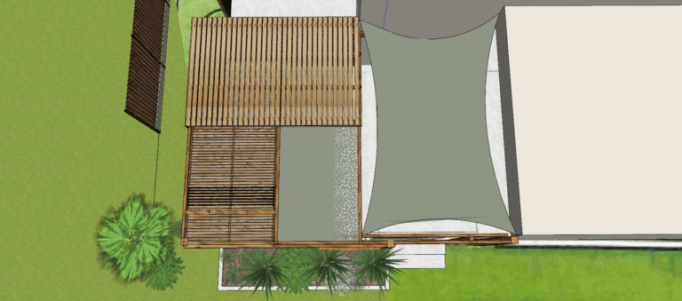plan masse d'un projet pergola en bois sur mesure avec voile d'ombrage et panneaux découpé laser. (sous jdr)