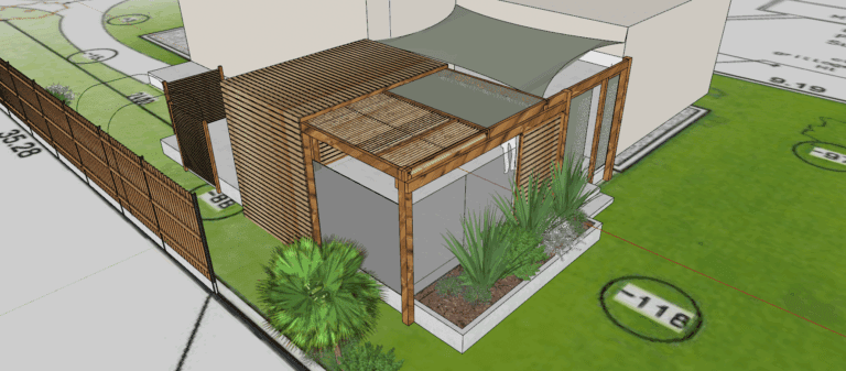 3D perspective : projet pergola bois sur mesure avec voile ombrage et éléments aluminium découpé laser (sous jdr)