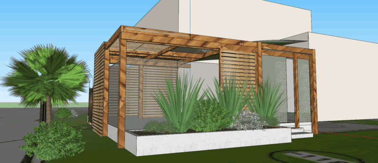 3D perspective : projet pergola bois sur mesure avec voile ombrage et éléments aluminium découpé laser (sous jdr)