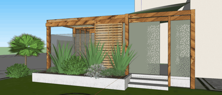 3D perspective : projet pergola bois sur mesure avec voile ombrage et éléments aluminium découpé laser (sous jdr)
