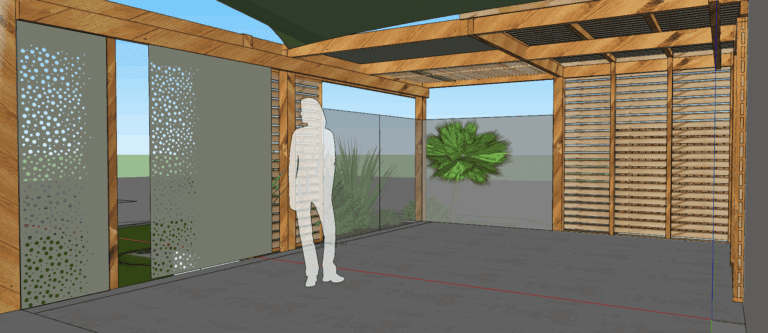 3D perspective : projet pergola bois sur mesure avec voile ombrage et éléments aluminium découpé laser (sous jdr)