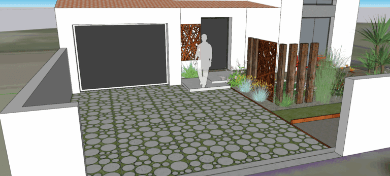 Visuel3D : projet de cour avec engazonnement original et décoration Corten et bois (sous jdr)