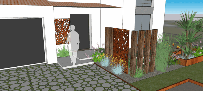Visuel3D : projet de cour avec engazonnement original et décoration Corten et bois (sous jdr)