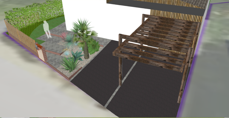 carport en bois et entrée pavée