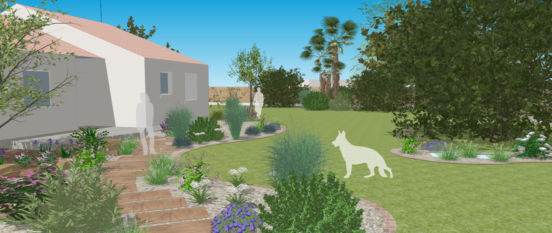 jardin avec allée en pierre naturelle grès rectangle et paillage minéral + palmier