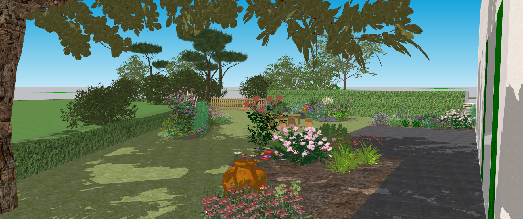 jardin avec massif paysager et palette végétal sauvage et décoratif