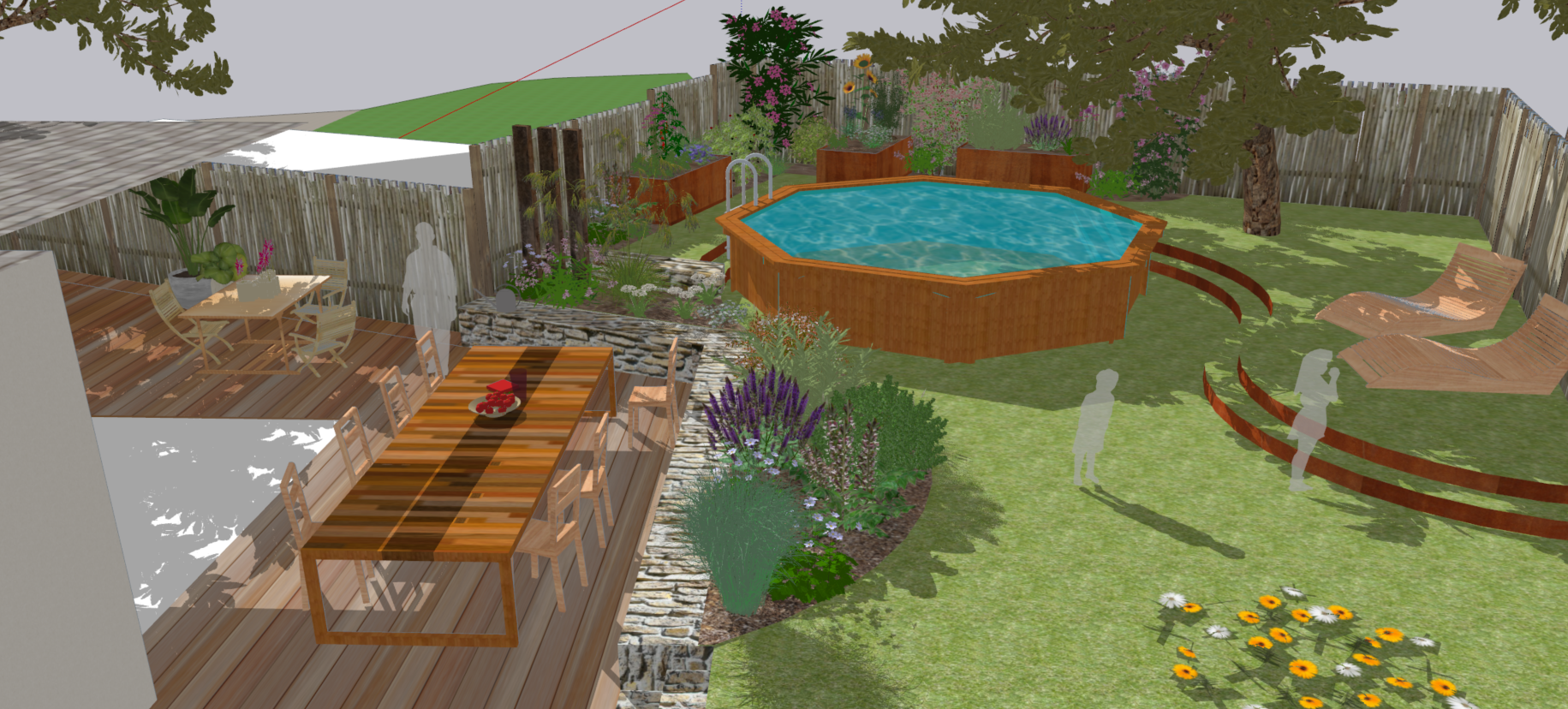 visuel 3D d'un jardin avec piscine et escalier corten en courbe, ainsi qu'une terrasse bois et un massif paysager