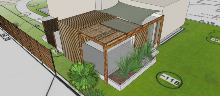 visuel 3D pergola sur mesure en bois "cabane" avec voile d'ombrage