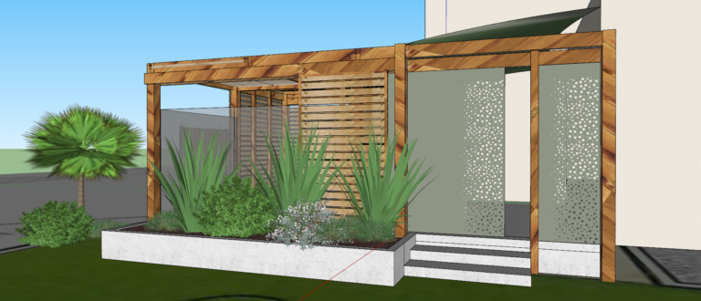 visuel 3D pergola sur mesure en bois "cabane" avec voile d'ombrage
