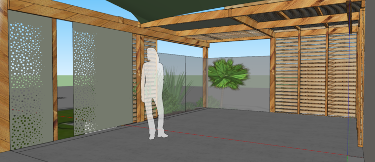 visuel 3D pergola sur mesure en bois "cabane" avec voile d'ombrage